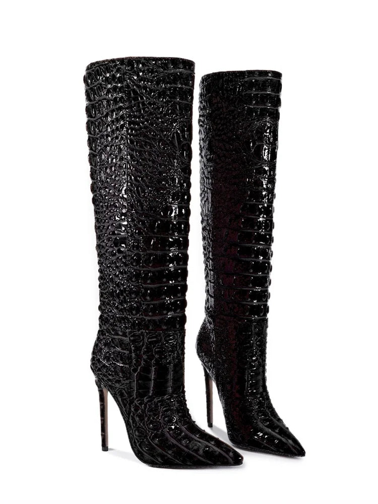 Crocodile Embossed Knee High Stiletto Boots for Women