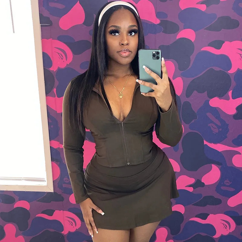 FAGADOER Sexy Sporty 2 Pieces Set for Woman Zipper Long Sleeve Jacket Tops + Pleated Skirts Tracksuits Female Streetwear 2025