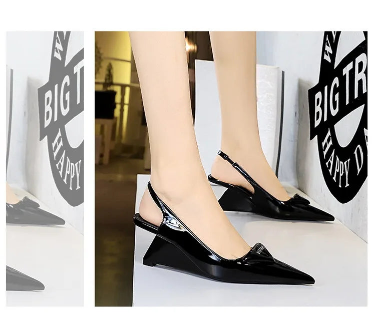 Patent Leather Wedge Heel Pumps With Back Strap for Women