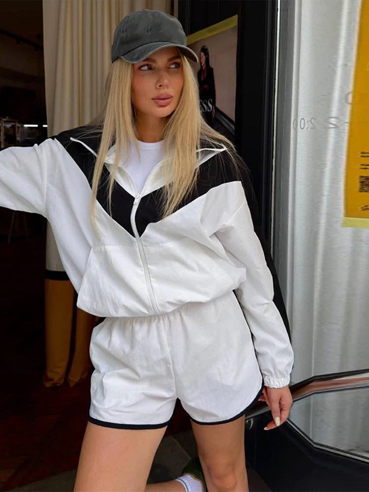 Color Block Zip Up Tracksuit With High Waist Shorts For Women