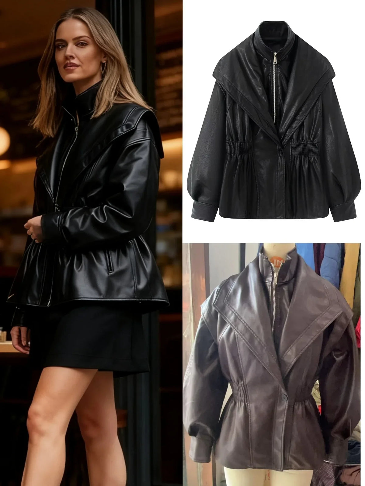 Cropped Oversized Black Leather Bomber Jacket for Women