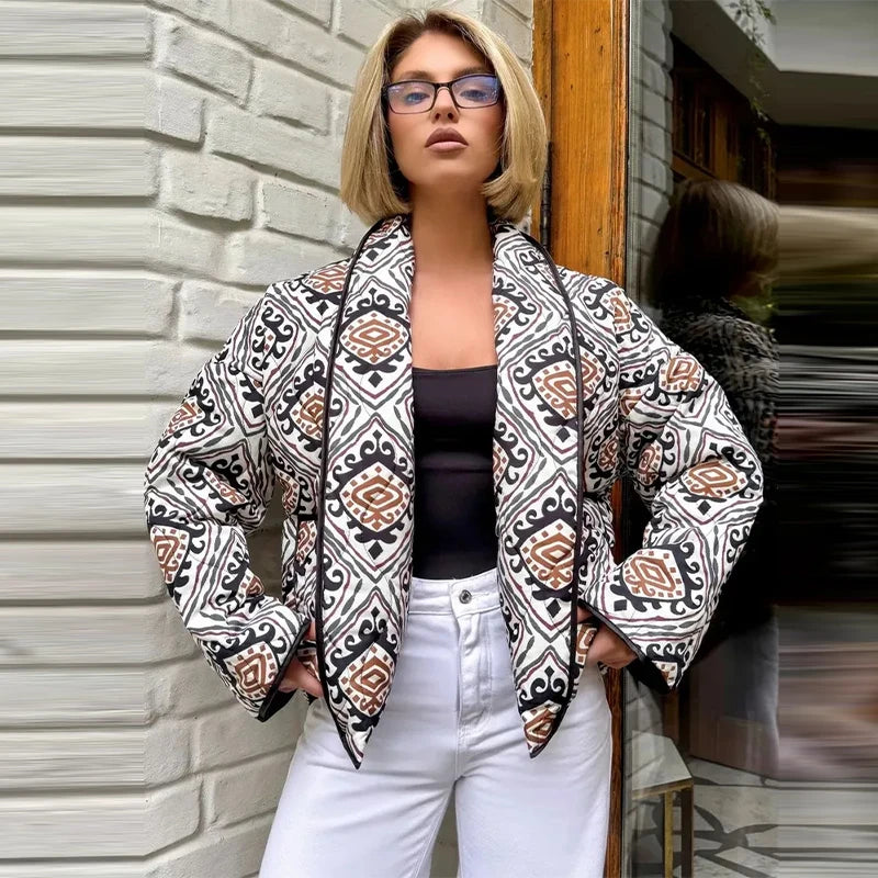 Printed Cotton Padded Winter Coat with V Neck for Women