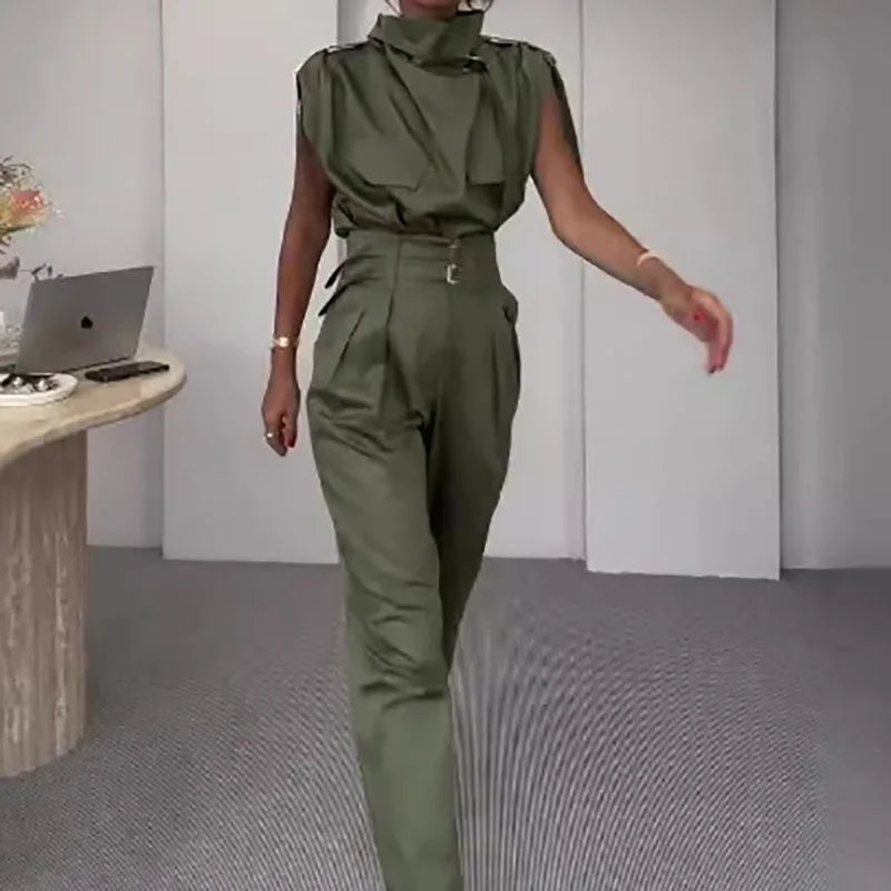 Sleeveless Turtleneck Simple Matching Set, Women Summer Cargo Pants Fashion Outfit, Solid Patchwork Chic Ladies Suits Streetwear