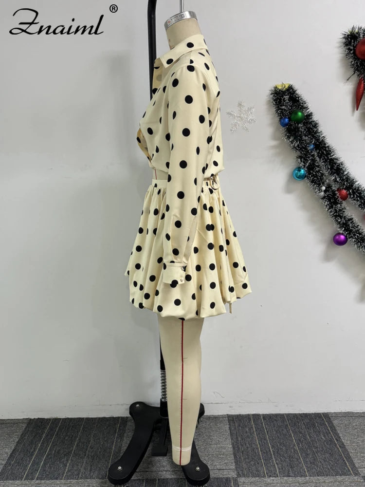 Znaiml Elegant Apricot Women 2 Piece Set Birthday Party Outfit Long Sleeve Crop Top and Ball Bown Skirt Polka Dot Suit Beachwear