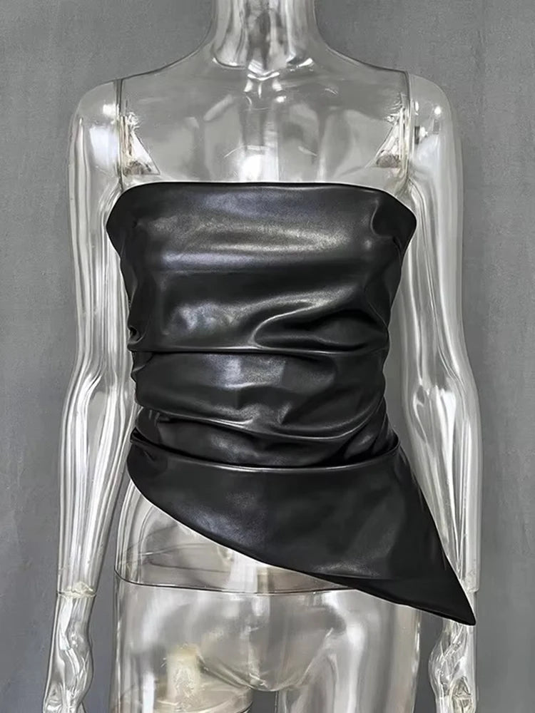 Zippered PU Leather Tube Top