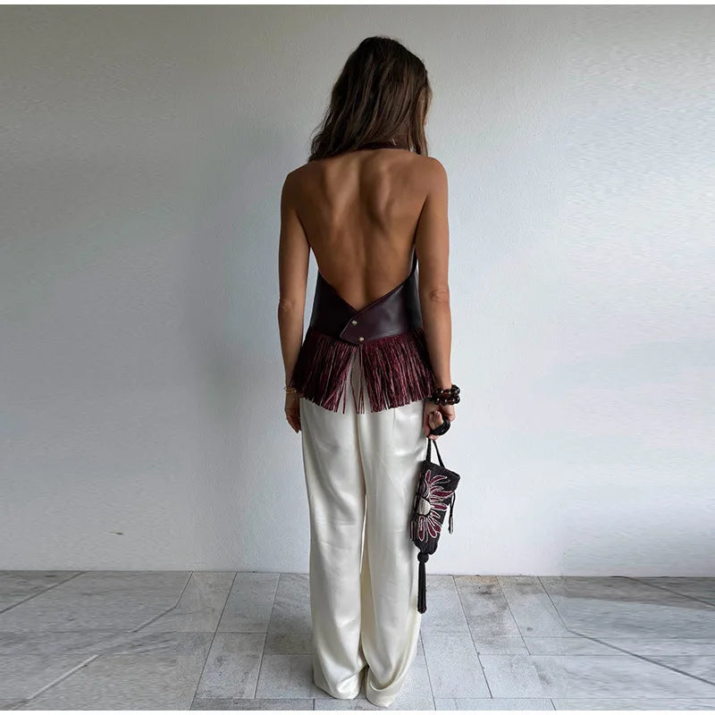 Faux Leather Patchwork Fringe Halter Top for Women