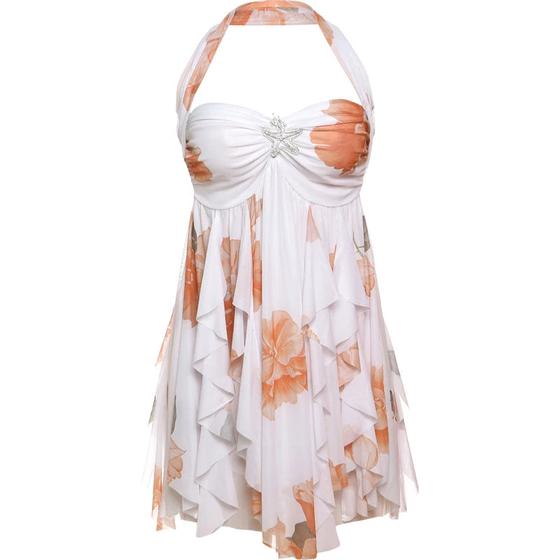 Nibber Backless Metal Starfish Dress Women Low-Nec Chest Wrap Halter Irregular Ruffles Hem Sleeveless Vacation Mini Bodycon