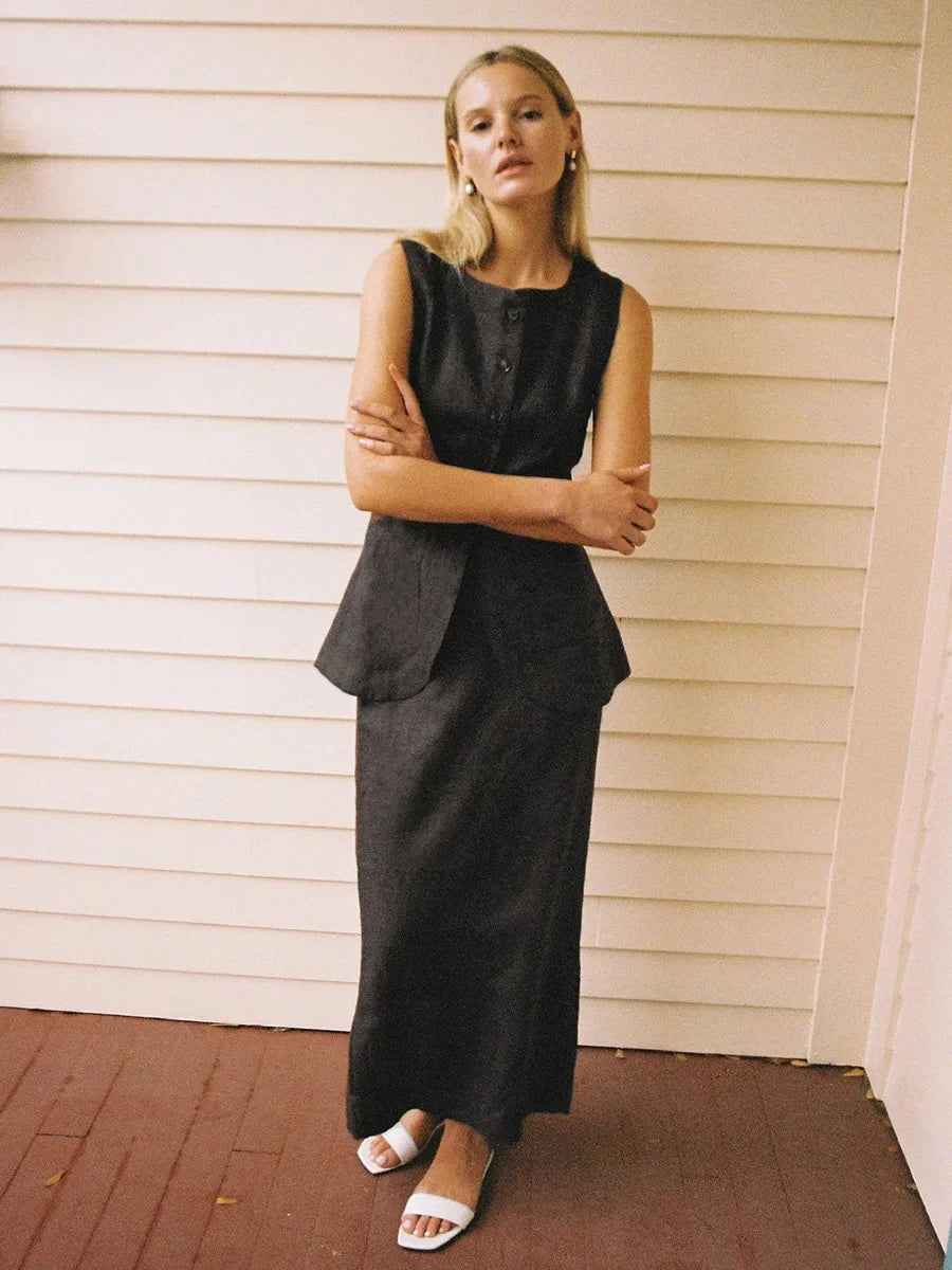 Breathable Linen High Waist Vest And Skirt Set For Women