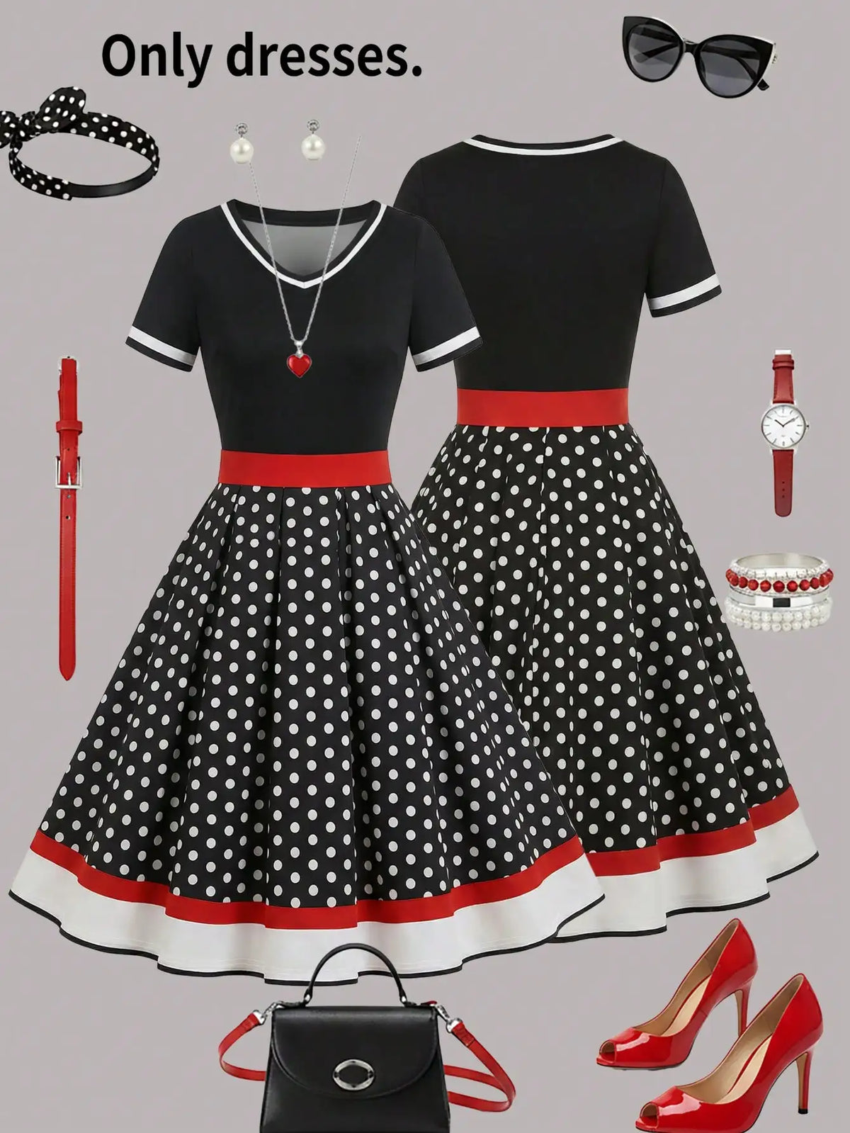 Women's Retro Black And White Polka Dot Midi Dress With Elegant V Neck Short Sleeves And Flared A Line Skirt Sleeve Polka Dot Pleated Dress For