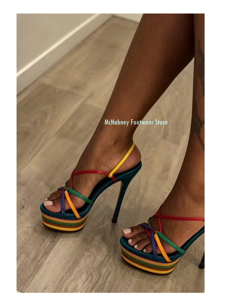 Rainbow Colored Pointed Toe Platform Stiletto Sandals for Women