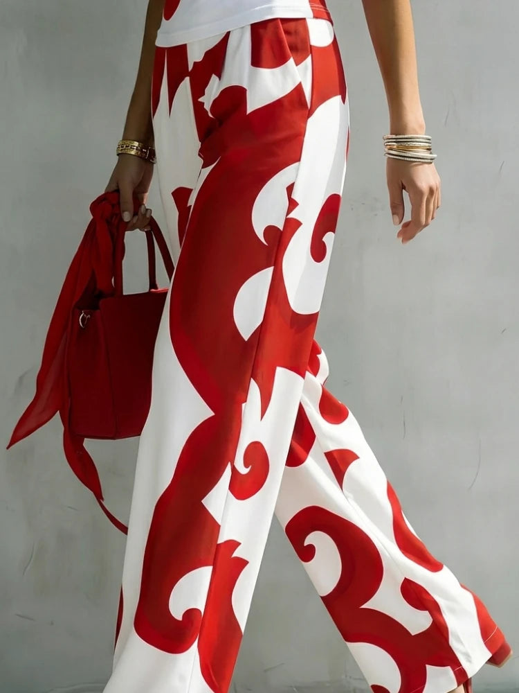 Bonboho Women's Boho Red White Abstract Swirl Print Pants High Waisted Pleated Wide Leg Trousers 2026 Vacation Outfit for Summer