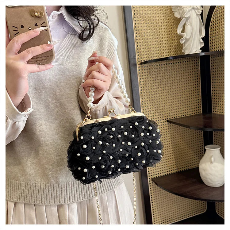 Pearl Floral Chain Evening Crossbody Bag