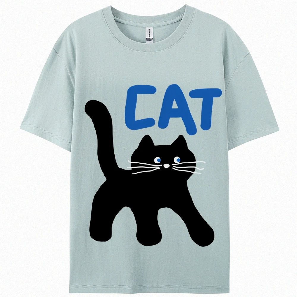 Women's Basic Crew Neck Tee Trendy Y2K Women's Short Sleeve Cartoon Cat Print Cute Aesthetic Cotton Casual T-Shirt