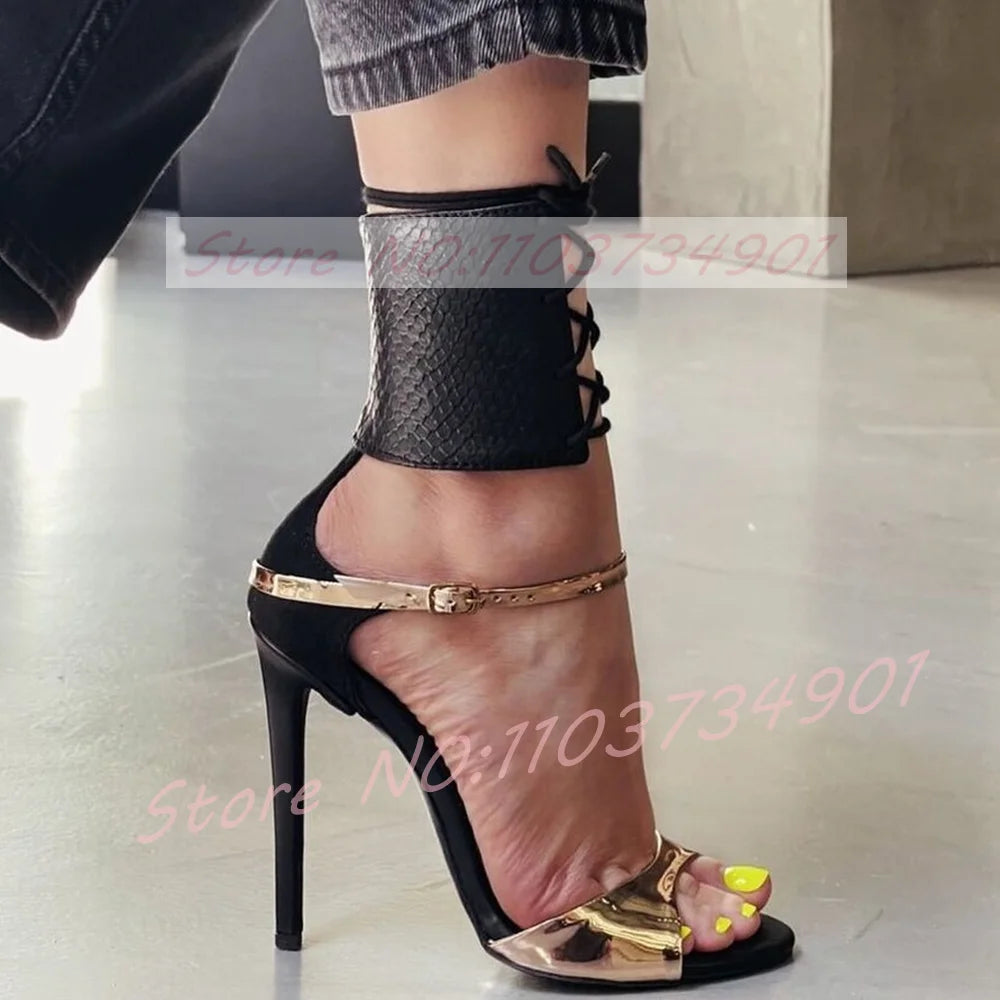 Metallic Snake Pattern Peep Toe Stiletto Sandals for Women