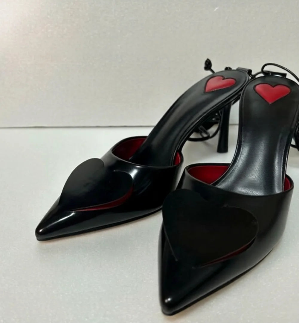 Red Heart Cutout Leather Pointed Pumps