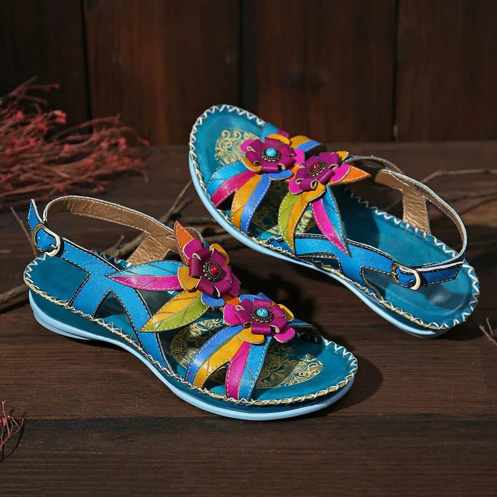 Retro Handmade Leather Wedge Sandals With Mixed Colors for Women