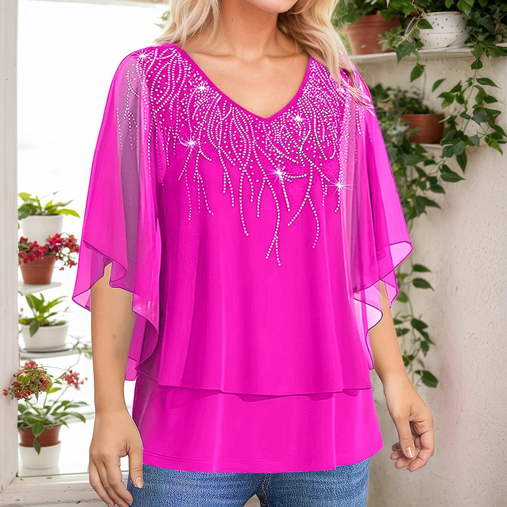 Women’s Plus Size Elegant Blouse Lace Patchwork 3/4 Sleeve Chiffon V-Neck Sequins Printed T-Shirt Double Layer Loose Female Tees