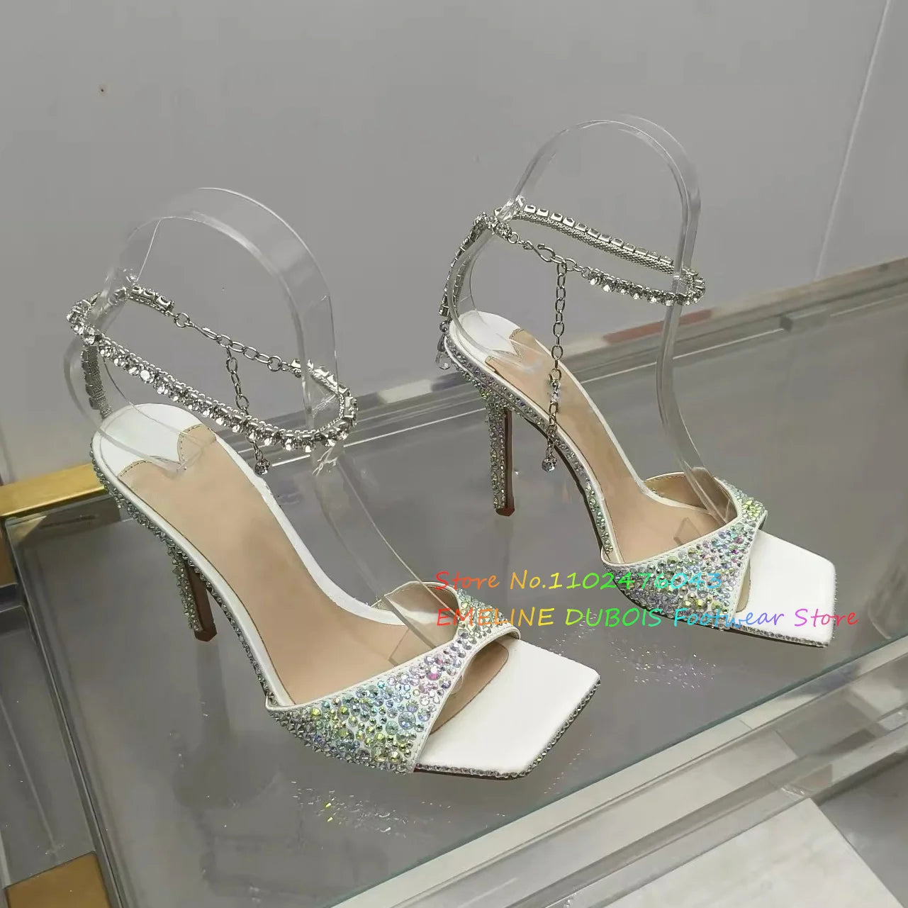 Rhinestone Chain Square Toe High Heel Sandals Women Sexy New Peep Toe Stiletto Heel Crystal Designer Brand Ladies Dress Shoes