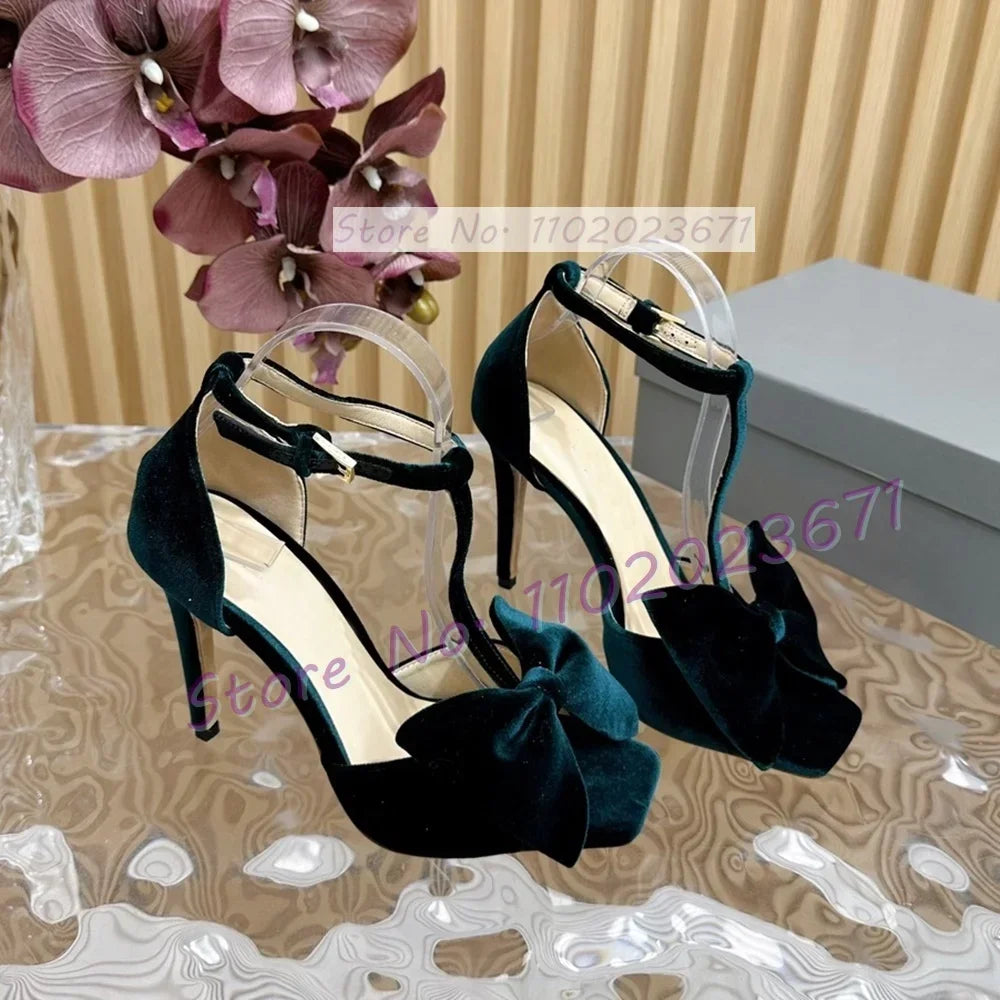 Bow-embellished Velvet Sandals Women's Luxury T Strap Square Toe High Heels Sandals Newest Luxury Party Trendy Cover Heel Shoes