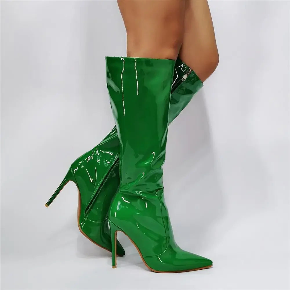 Real Photo Woman Green High Heel Pointed Toe Knee High Boots Woman Pointed Toe Green Knee Long Boots High Heel Boots