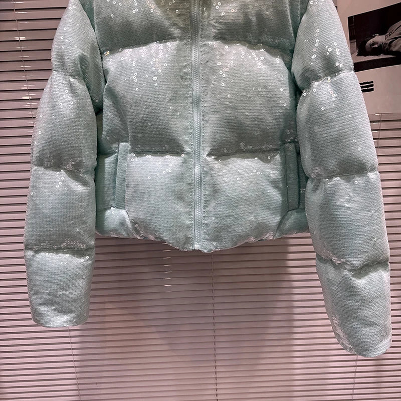 Shiny Sequin Stand Collar Padded Winter Jacket For Women