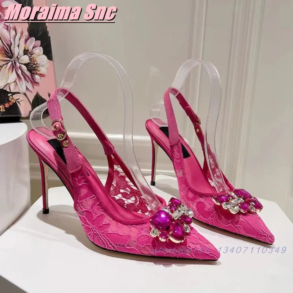 Elegant Crystal Lace Pointed Toe Slingback Sandals for Women