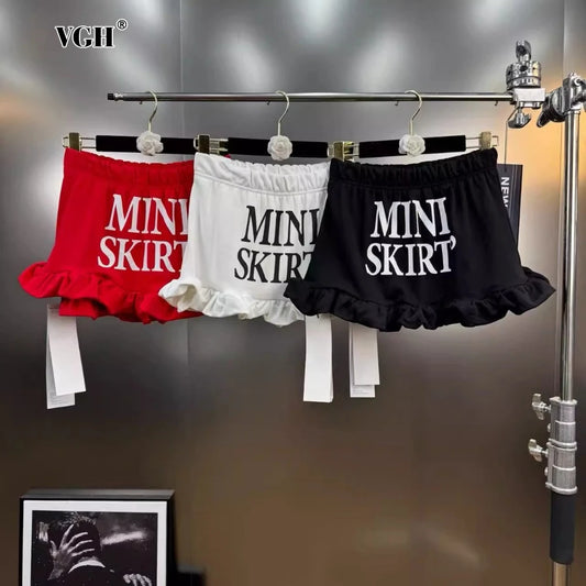 VGH Versatile Patchwork English Letters Short Skirt for Women Low Waist Spliced Ruffles Hem Hotsweet Skirts Female Summer New