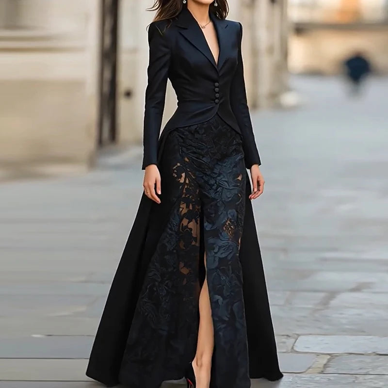 Winter Elegant Lace Patchwork Occasion Set Sexy V-neck Button Top & Long Skirt Suit Casual Long Sleeve Solid Slim Party Outfits