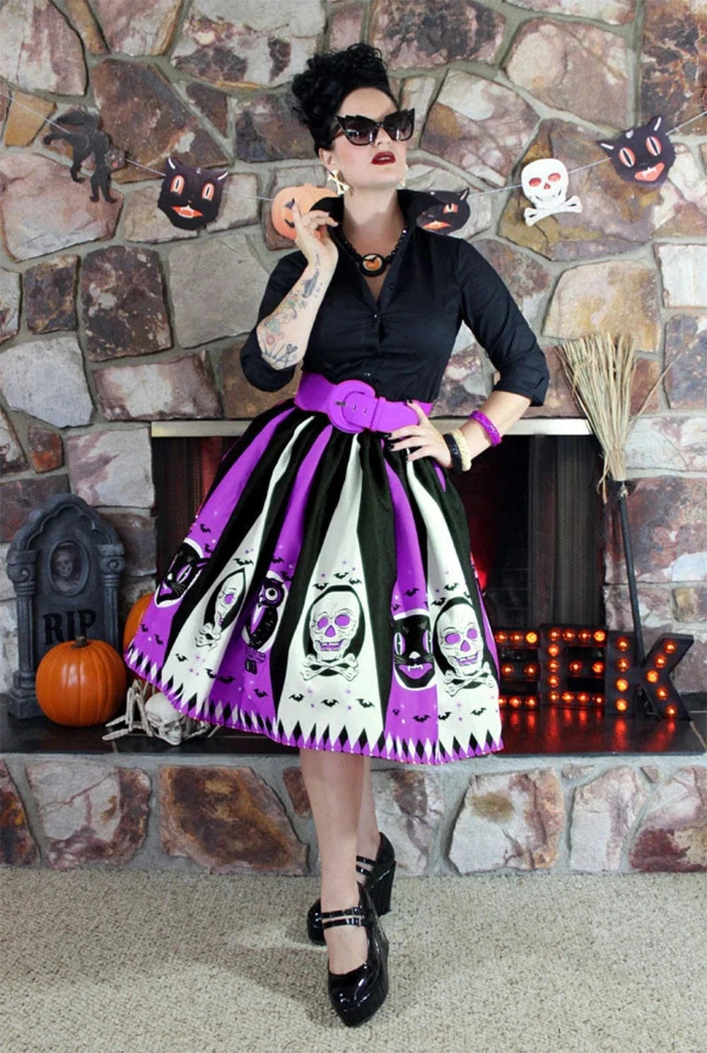 Women Vintage Halloween Skirt Retro Poker Face Skull Plus Size Skirt High Waist Pleated Ball Gown Long Skirts