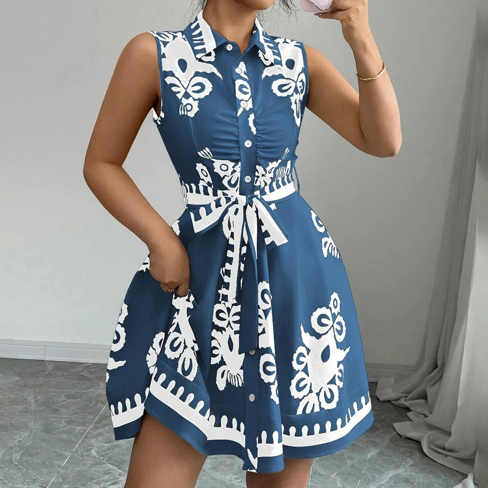 Plus Size Womens Printed Sleeveless Buttons A-Line Shirts Dress Summer Ladies Turn Down Collar Casual Holiday Sundress SizeS-2XL