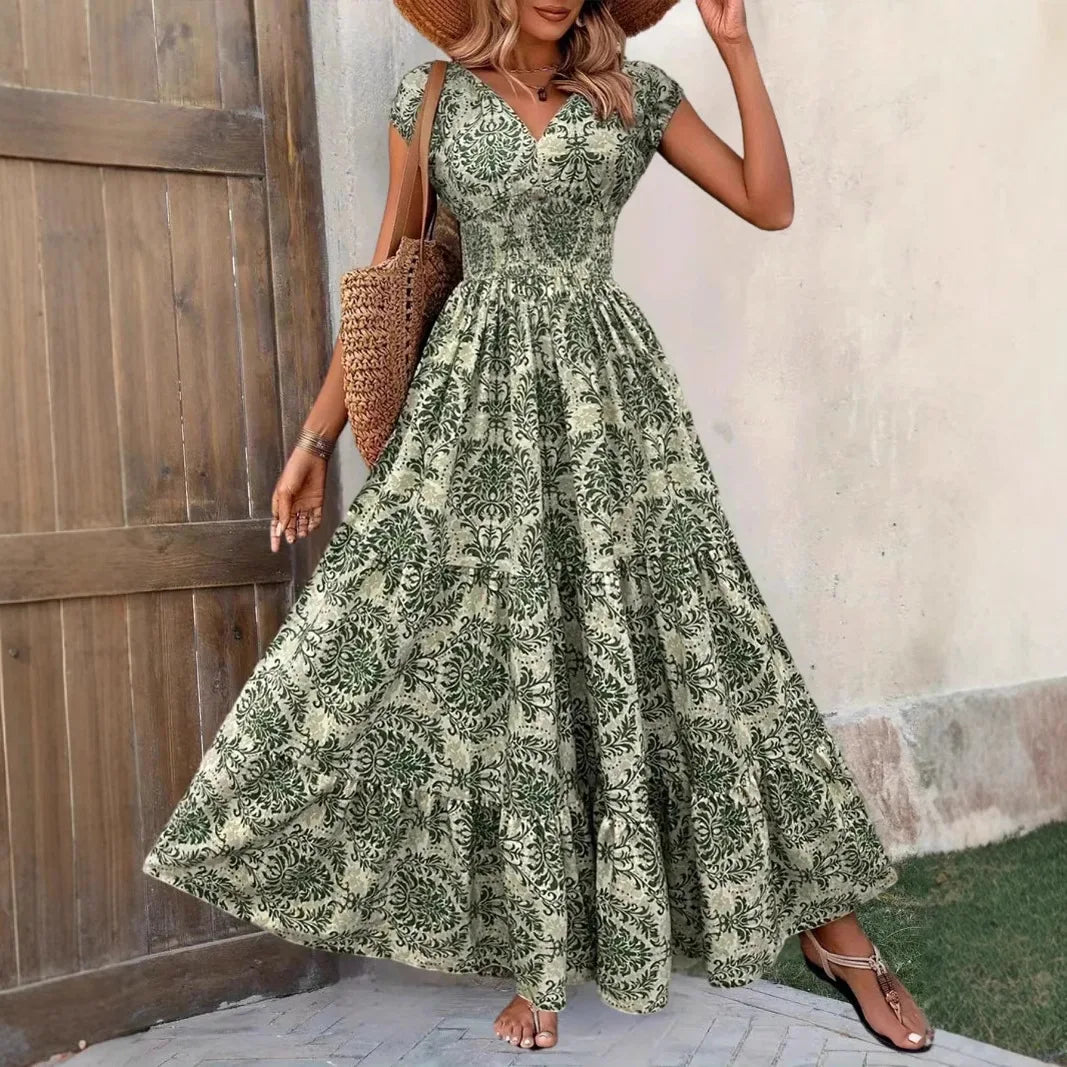 Bohemian Floral Printed V Neck Midi Dress For Women
