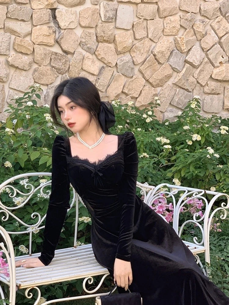 Elegant Gothic Velvet Long Sleeve Midi Dress for Women
