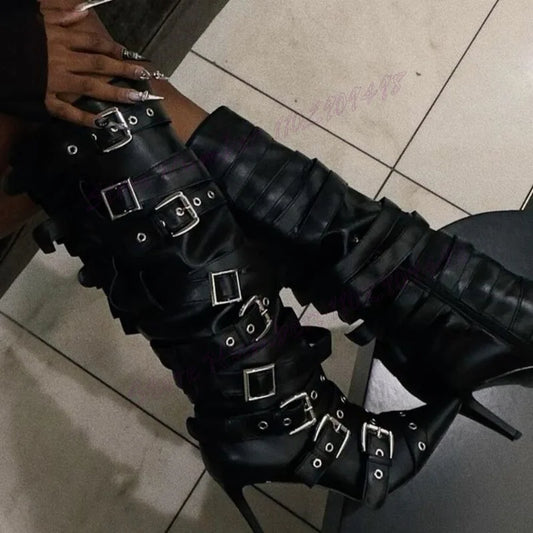 Black Strappy Buckle Knee High Boots Cool Pointed Toe Shoes for Women Stiletto High Heels Sexy Shoes 2025 Zapatos Para Mujere