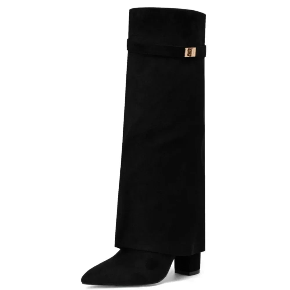 Pointed Toe Thick High Heel Mid Calf Boots for Women
