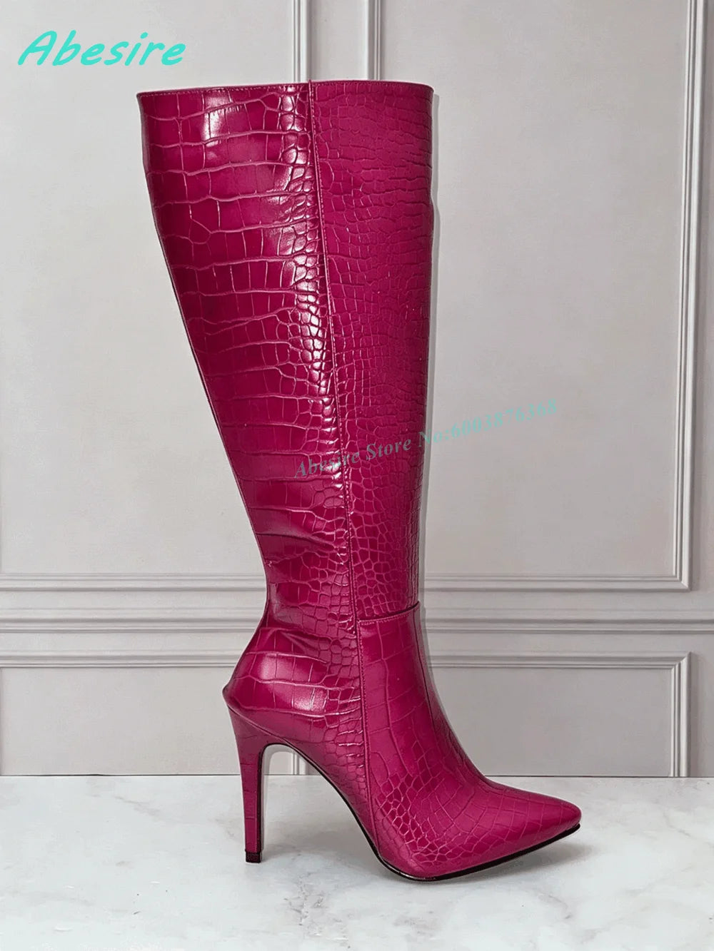 Burgundy Crocodile Pattern Knee High Boots Pointed Toe Stiletto Heel Side-Zipper Women's Boots Retro Sexy Daily Party Shoes