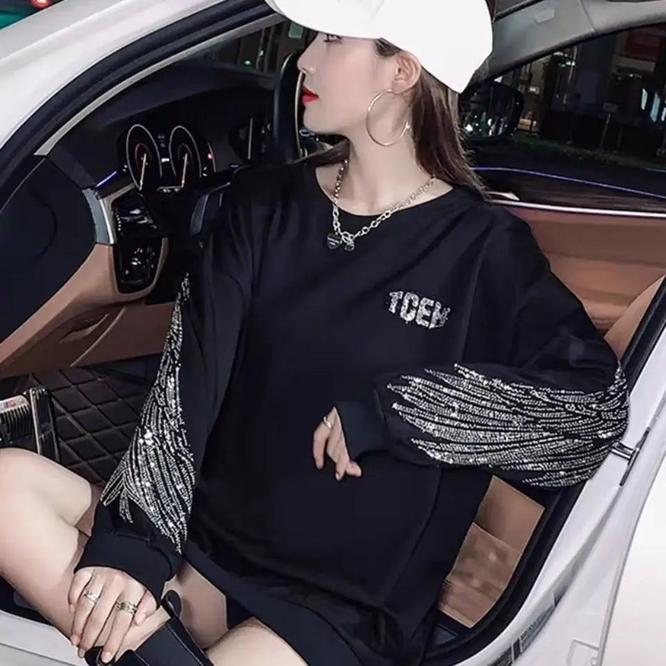 Tees Graphic Glitter Female Tops Loose Tshirts Rhinestone Women's T Shirts Black Clothes Sequin 2025 Aesthetic Coquett Pulovers