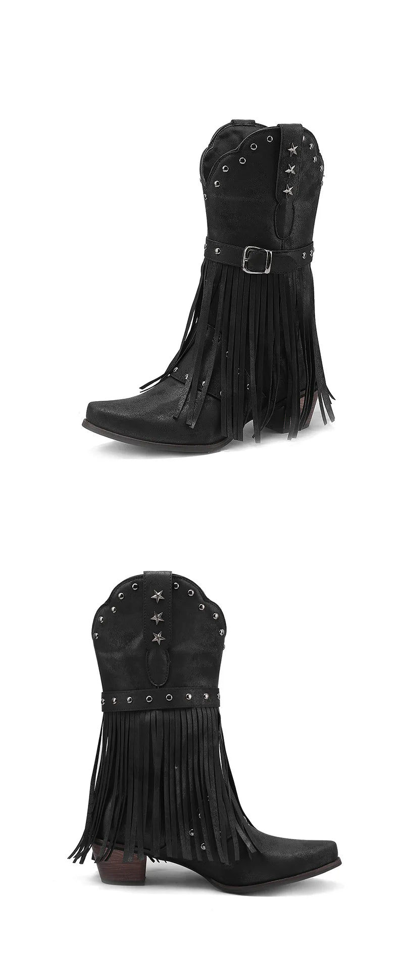 Western Fringed Riveted Block Heel Knee Boots for Women