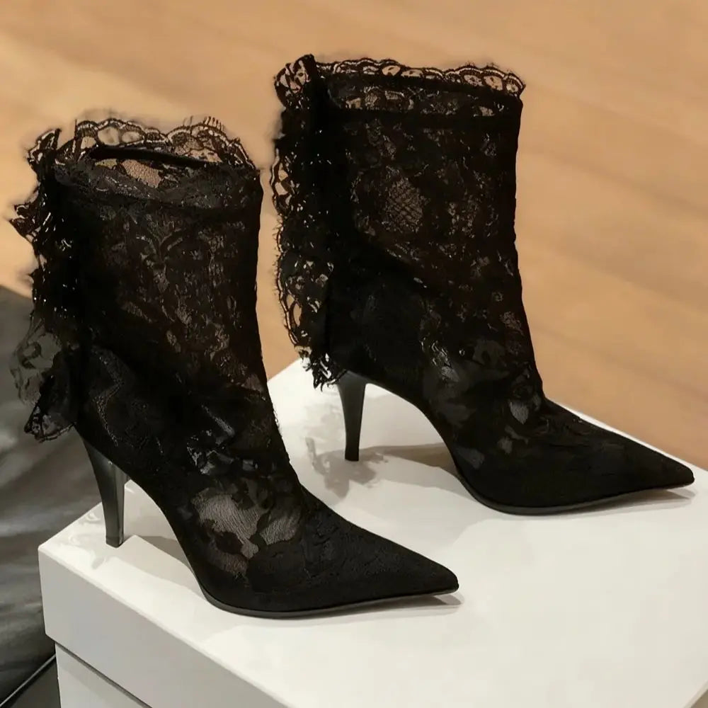 Burgundy Lace Stiletto Boots