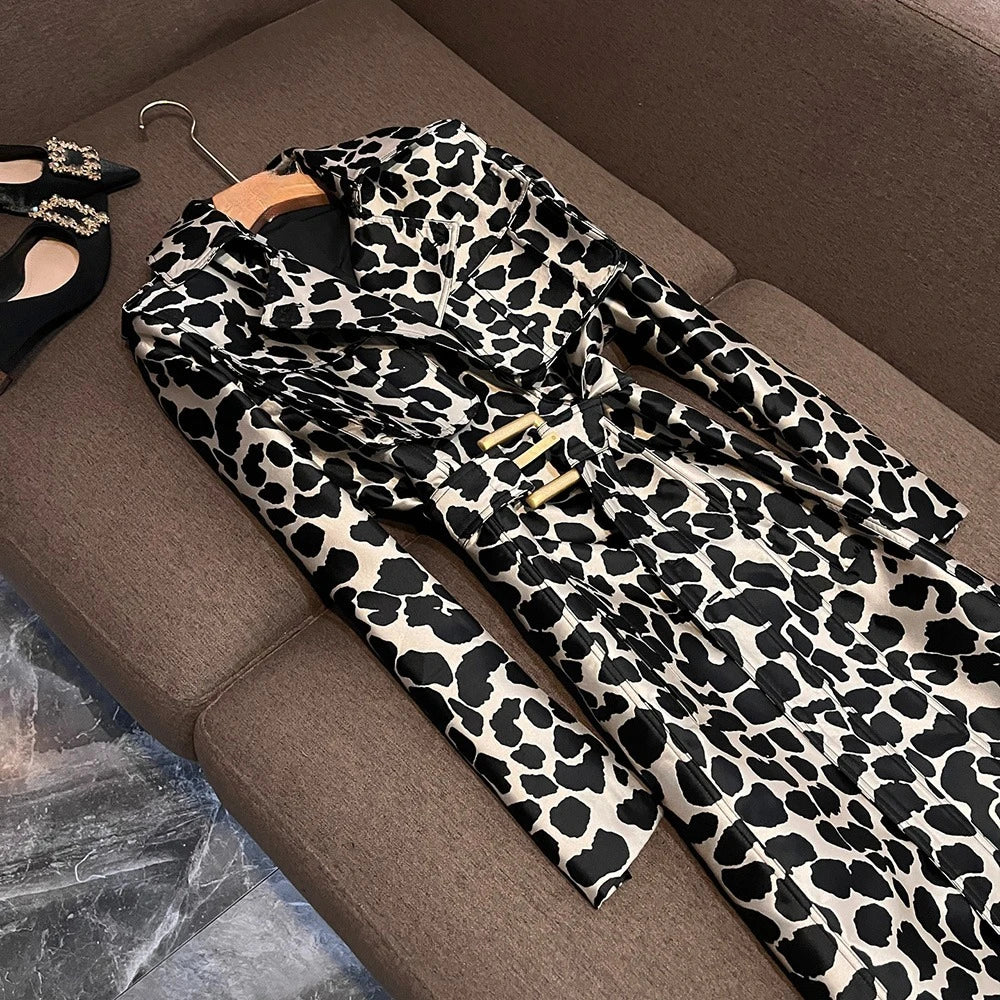 TWOTWINSTYLE British Style Leopard Print Coat For Women Lapel Long Sleeve Spliced Belt Temperament Trench Coats Female KJA545065