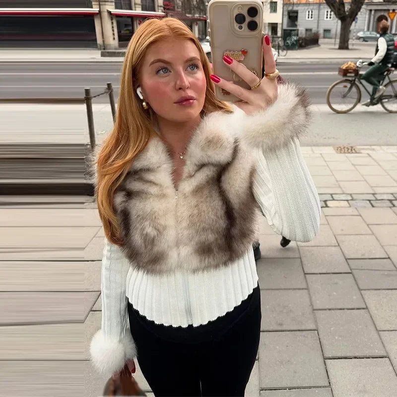 Cozy Luxe Faux Fur Patchwork Knit Cardigan for Women