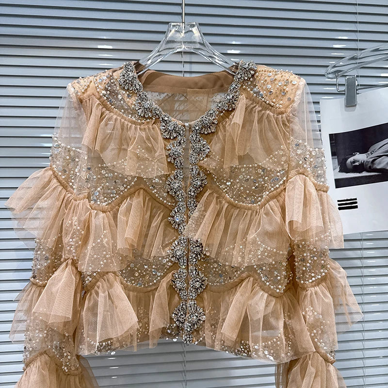 Open Front Rhinestone Beaded Sequined Mesh Coat For Women