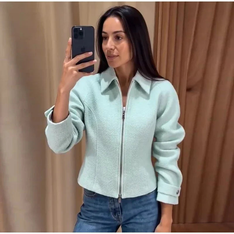 Chic Slim Fit Lapel Zipper Casual Short Coat for Women