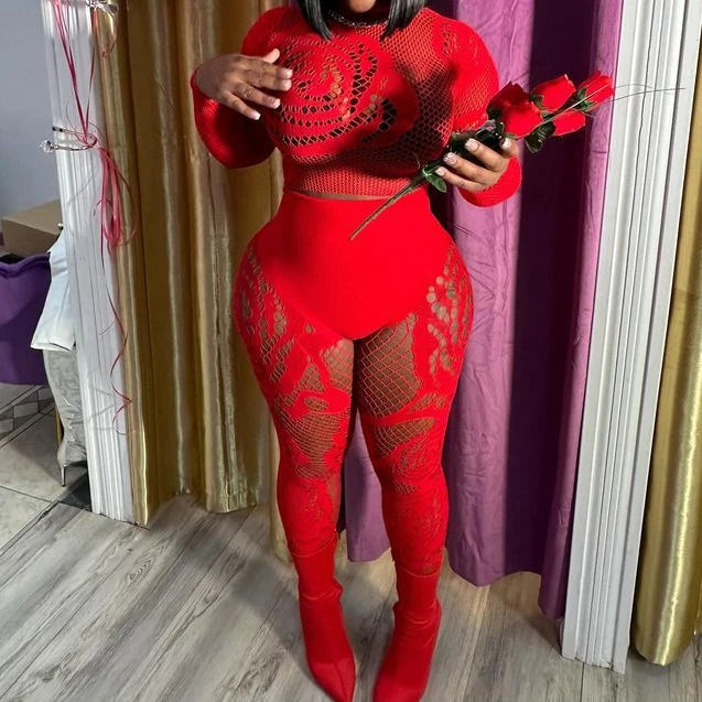 FAGADOER Sexy Lace 2 Piece Set Women Outfit Mesh See Though Long Sleeve Crop Top + Pants Suit Fashion Female Streetwear Overalls
