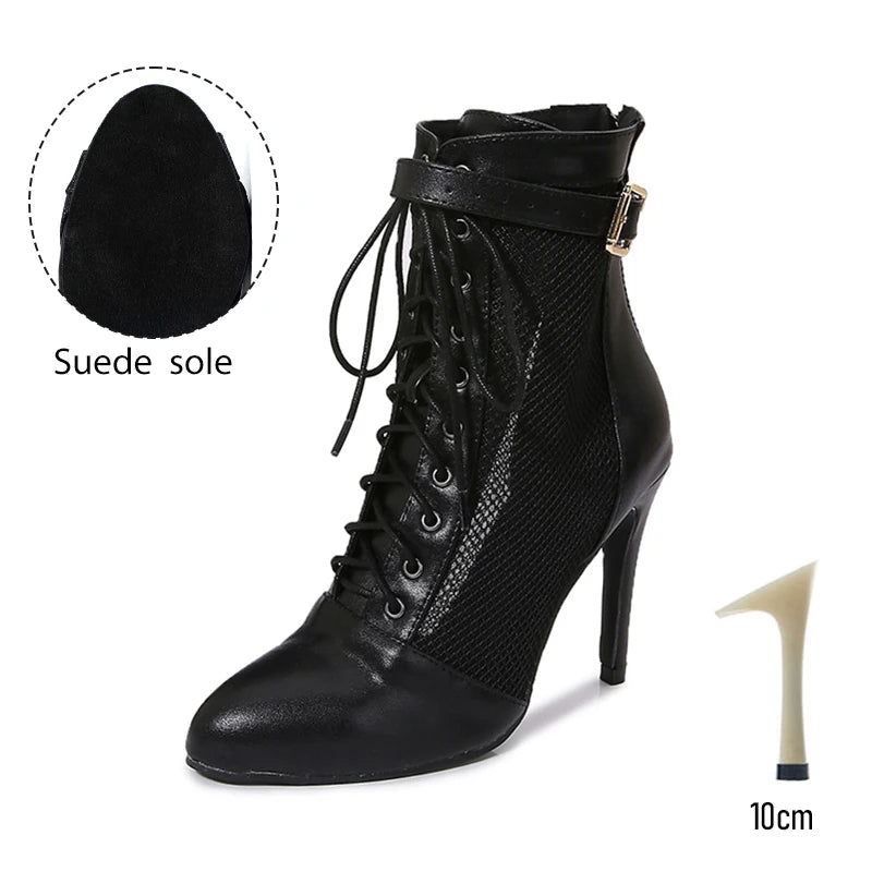 Black Mesh Latin Dance Booties With High Heels for Women