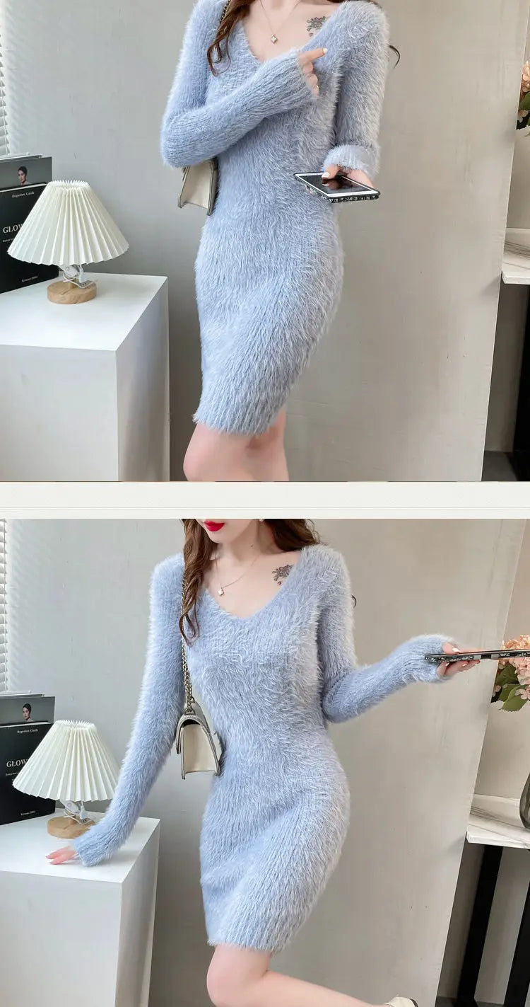 Cozy Faux Mink Knit Sweater Dress