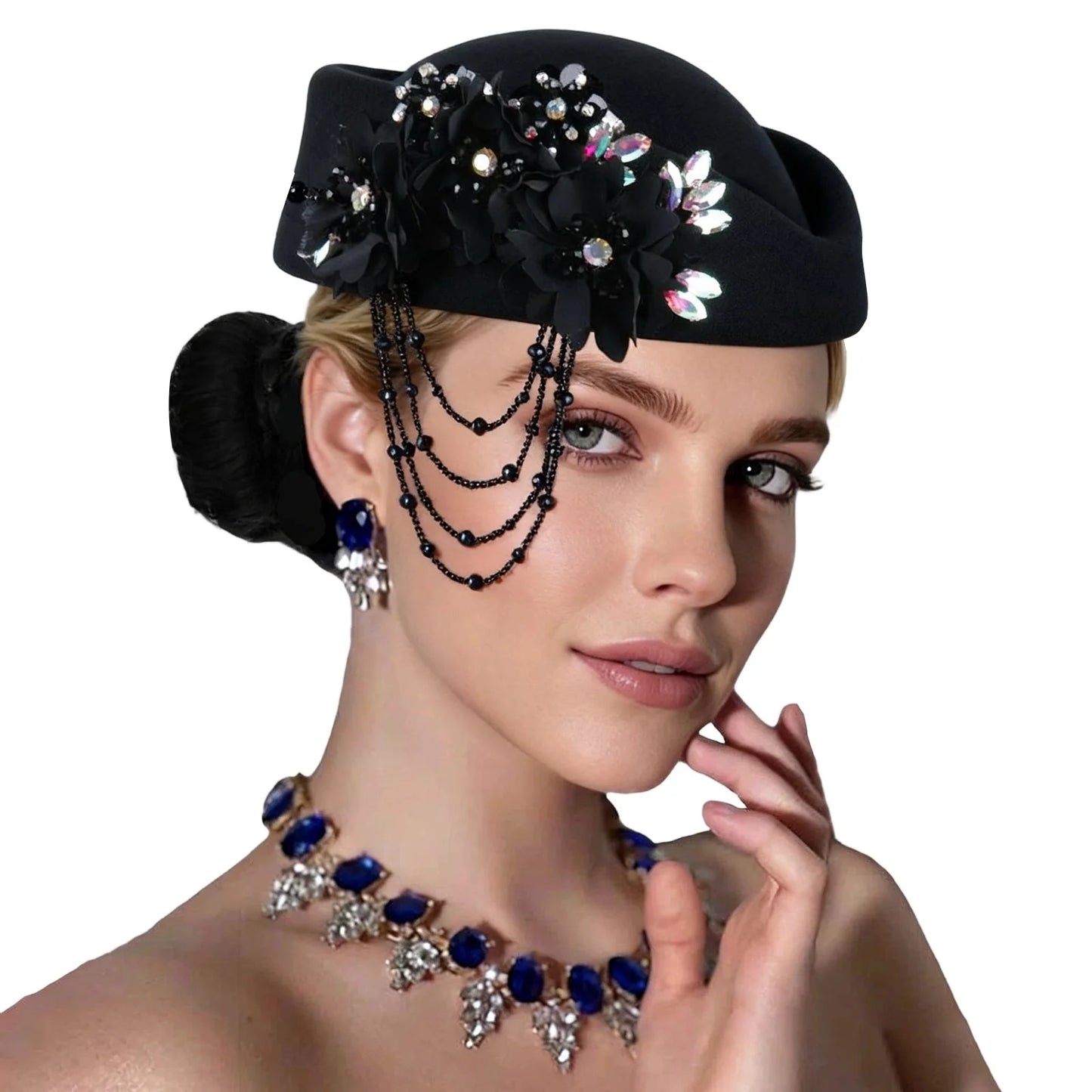 Retro British Beret With Floral Rhinestone Decor For Women