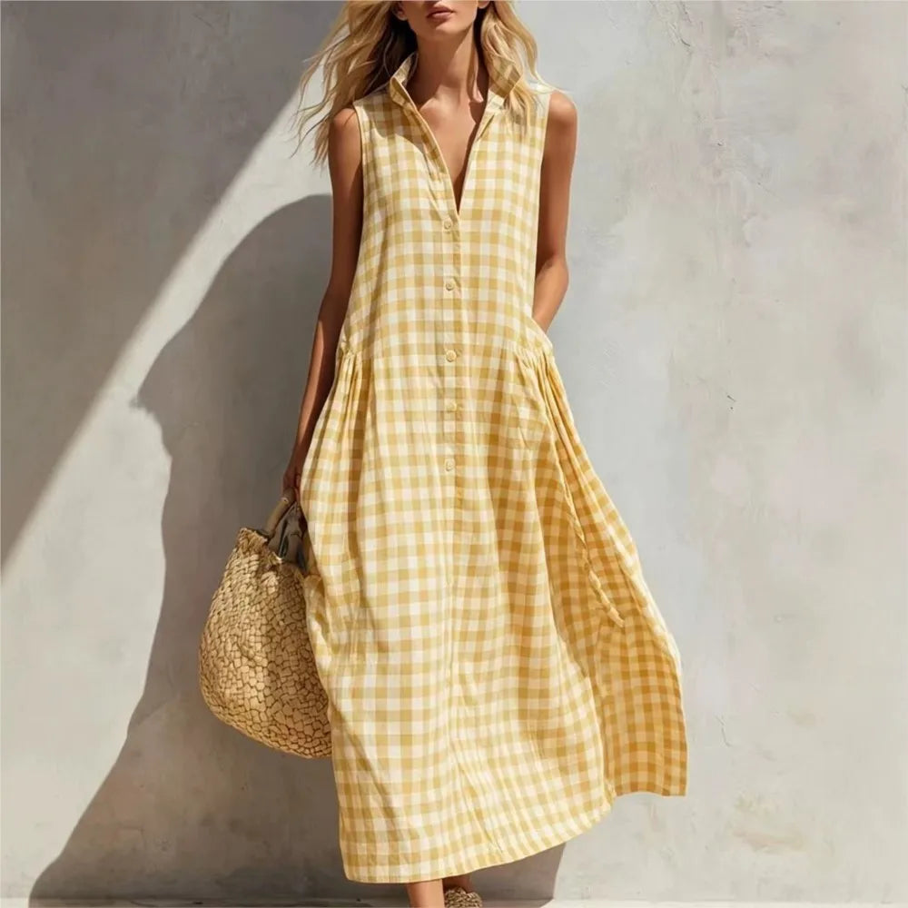 Loose Plaid Sleeveless Single Breasted Maxi Dress for Women