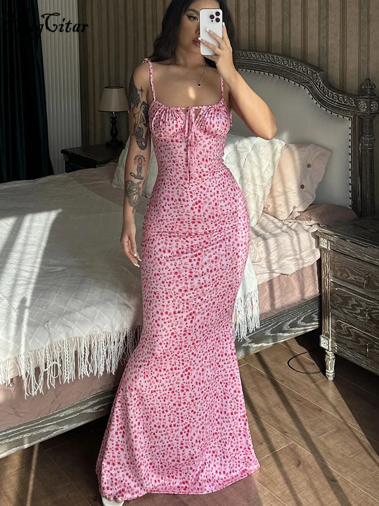 Sleeveless Floral Print Lace Up Backless Maxi Dress for Women