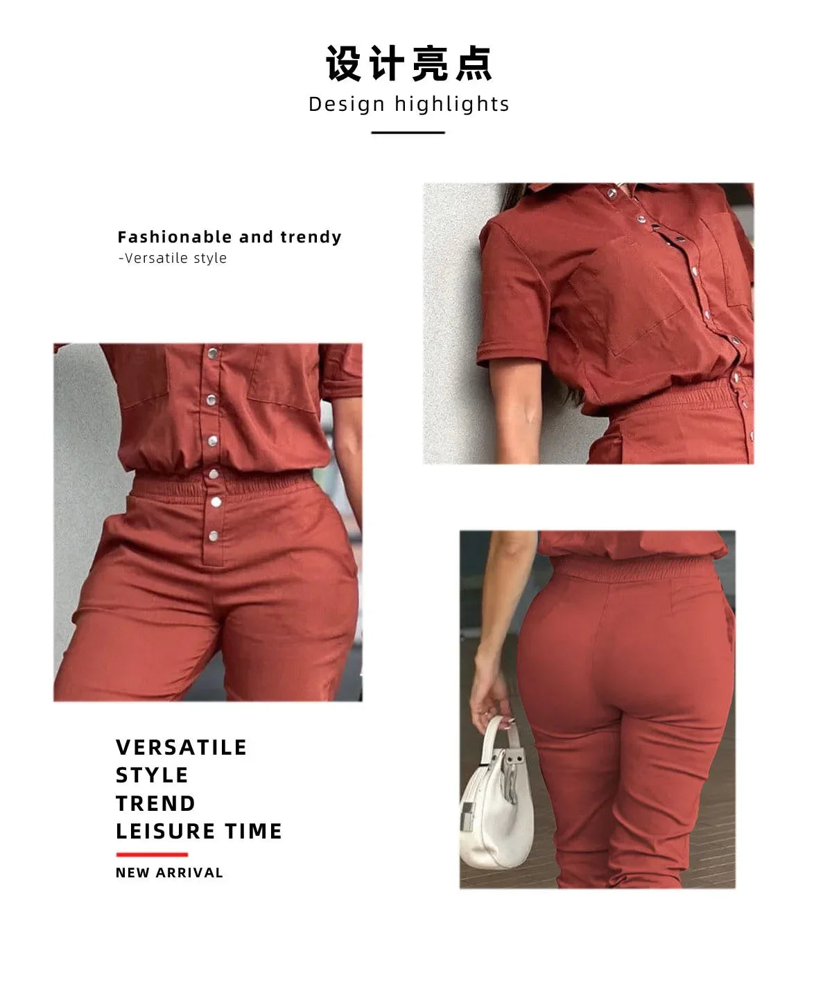 Women's Jumpsuit Summer 2025 Fashion Ankle Tied with A Lapel Pocket and Elastic Buttons At The Waist Short Sleeved Bodysuit Pant