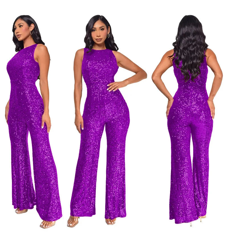 Elegant Silver Sequined Straight Cut Jumpsuit for Women